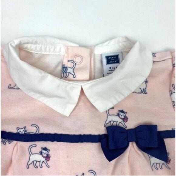 Janie and Jack Baby Girl Pink Cat Print Long Sleeve Romper With Navy Bow 3-6 Mon - Picture 4 of 7